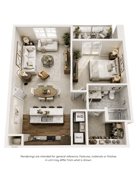 Floor plan for 1 bed, 1 bath, 755 sqft